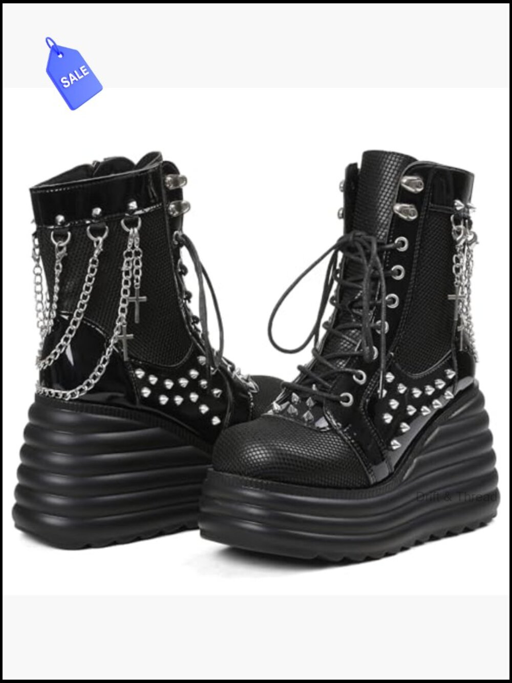 Gothic Ankle Boots Platform Combat Boots with Punk Chains & Studs Lace Up Wedge - Picture 4 of 7